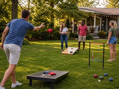 A backyard game setup